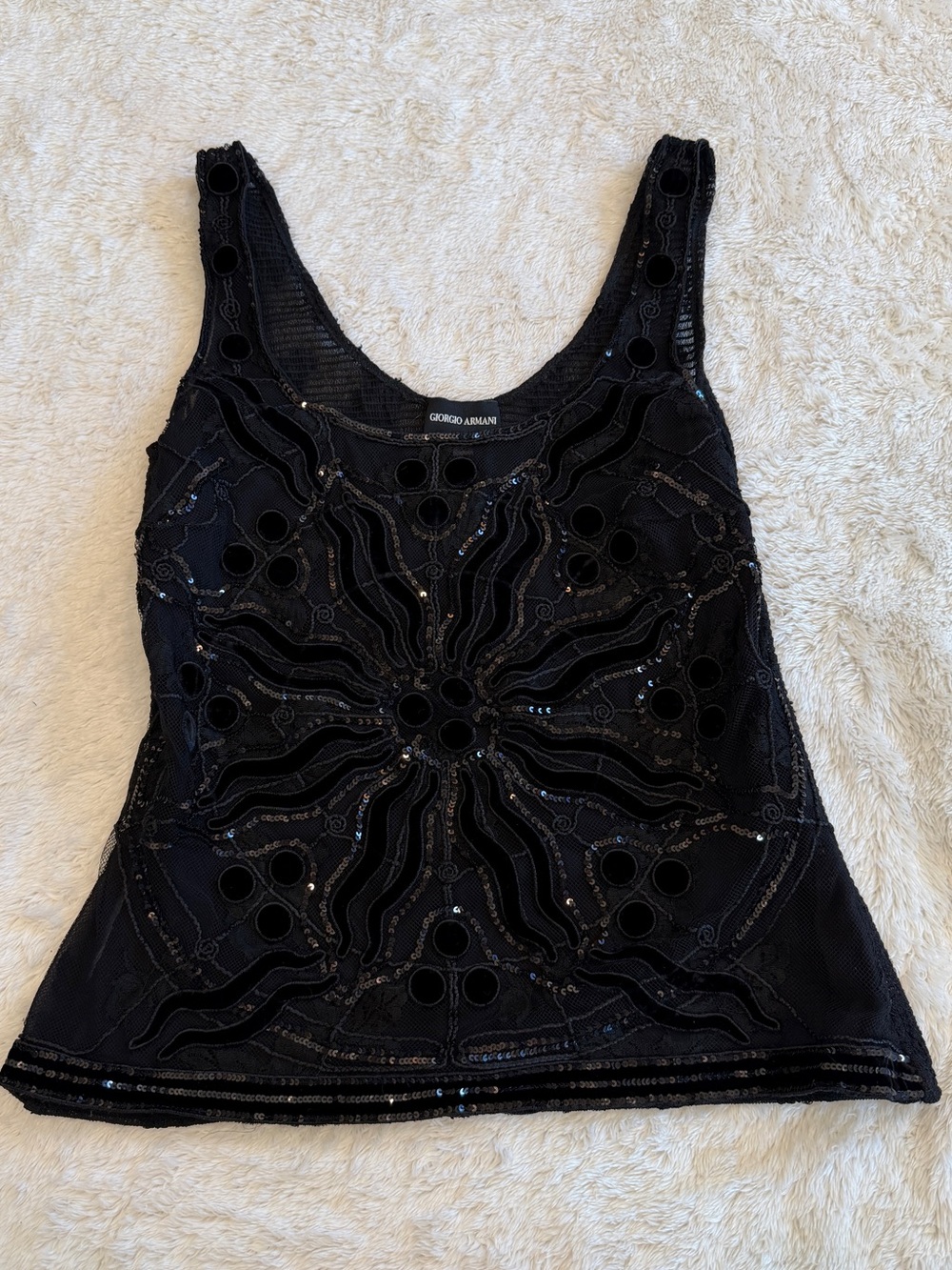 Giorgio Armani Black Beaded Velvet Appliqué Tank